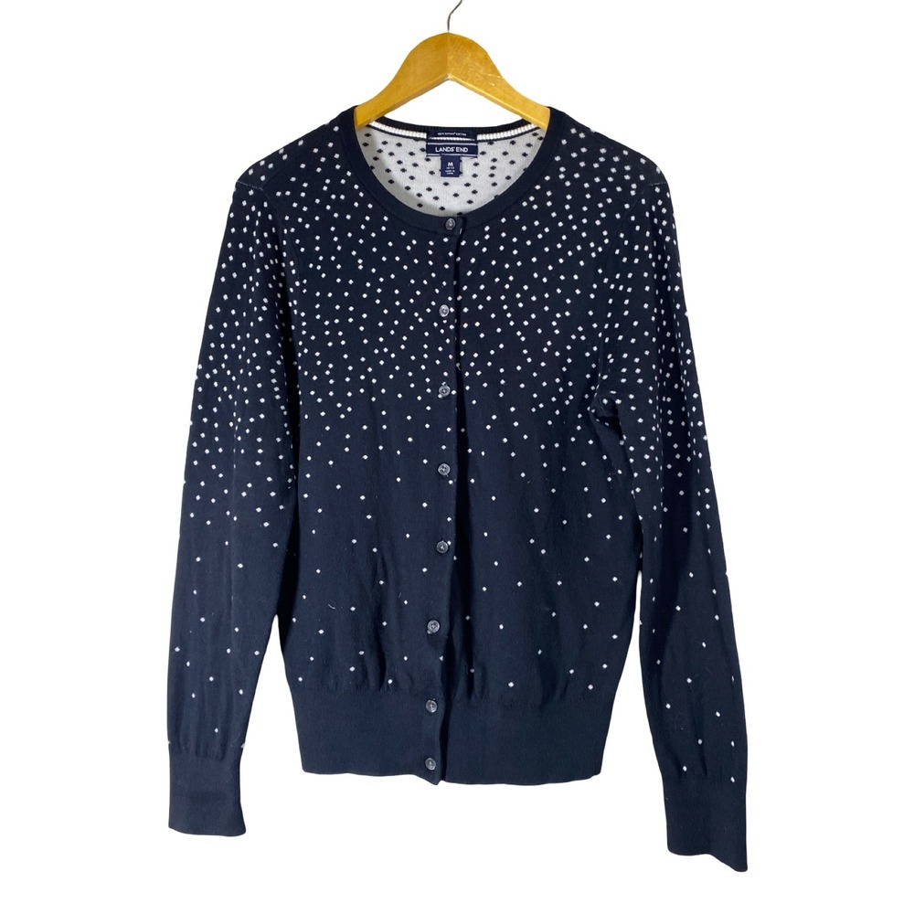 Lands End Black White 100% Supima Cotton Polka Dot Cardigan Sweater Womens M